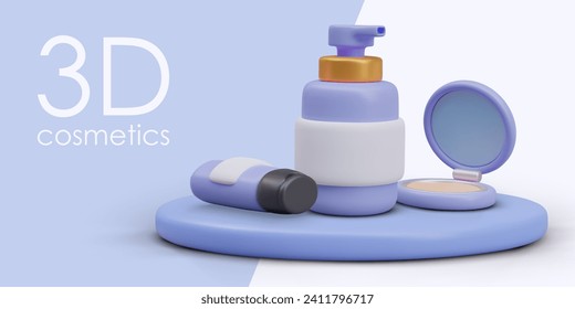 Poster with blue and white background and place for text. Cosmetic products on stage. Blue bottle with face cream, bottle with dispenser, and open case with powder. Vector illustration in 3d style