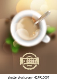 Poster. Blurred background with white cup of coffee and spoon. Realistic vector illustration.