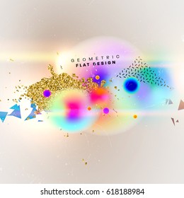 Poster with blurred liquid bubbles, golden glitters and memphis elements.