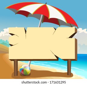 poster board on the beach with ball and umbrella