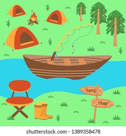 poster with a boat on the river - vector illustration, eps