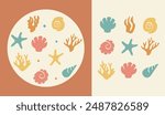 Poster with boho abstract shell coral. Sea summer elements. Minimalistic pastel starfish in modern retro style. Vector background