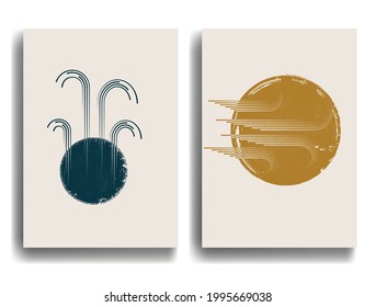 Poster with Boho arch in grunge textured geometric shapes  .Minimal design with grange elements . Trendy brochure . Vector illustration .