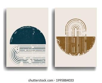 Afiche con arco de Boho en formas geométricas de textura gruesa. Diseño mínimo con elementos de grano. Folleto de moda. Ilustración del vector.