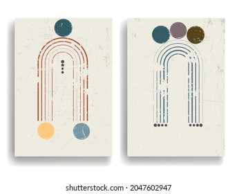 Afiche con arco del Boho . Grunge formas geométricas texturadas .Diseño mínimo con elementos de grano . Folleto de moda. Ilustración del vector.