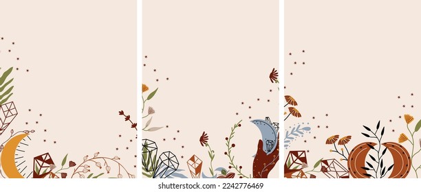 Poster in boho style with a hand holding the moon, mystical flowers and leaves. Boho design is perfect for posters, cards. Astrological symbols. Vector illustration