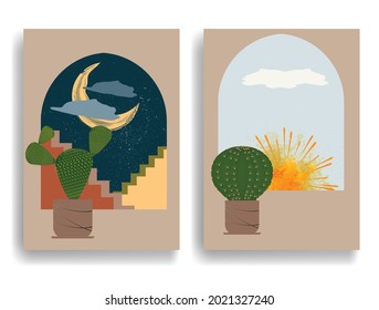 Poster  in boho style .Minimal design with grunge elements . Trendy brochure . Vector illustration .