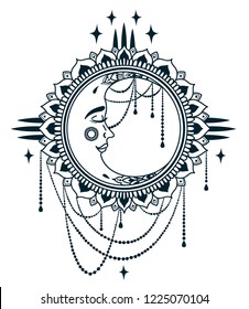 Poster with boho style moon with face and jewels, can be used for tattoo, vector illustration