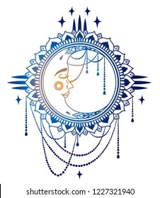 Poster with boho style moon with face and jewels, vector illustration