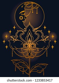 Poster with boho style moon with face and night flower, vector illustration