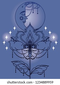 Poster with boho style moon with face and night flower, blue and silver colors, vector illustration