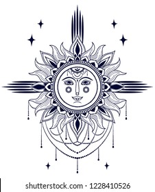 Poster with boho style sun with face and jewels, can be used for tattoo, slavic style vector illustration