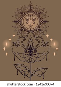 Poster with boho style sun with face, shinig stars and oriental flower, vector illustration