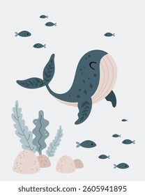 Poster with boho whale, seaweeds and fish. Baby card, hand drawn vector illustration in flat style