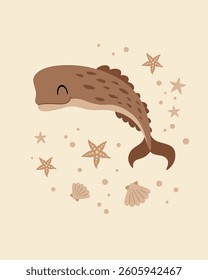 Poster with boho whale, starfish, shell . Baby card, hand drawn vector illustration in flat style