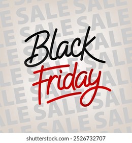 Póster con texto en negrita "Black Friday" destaca con una elegante fuente blanca y roja sobre fondo blanco con sutiles y repetitivas palabras de VENTA. Anuncio con descuento Oferta especial para eventos comerciales Anuncio