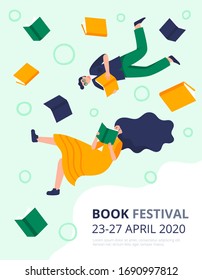 Poster of the book festival. A couple of man and woman flying in book space and read. Colorful vector illustration for festivals, event promoters.