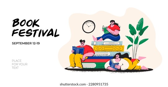 Poster for the book festival. Women and a man read books. Young students study textbooks.