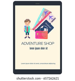 Poster or booklet with the subject of travel, holiday with the image of passport, ticket, credit card and little man.