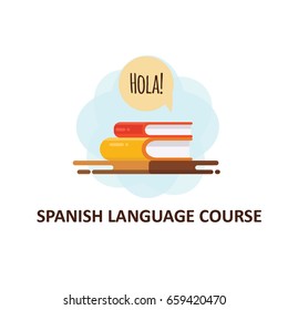 Poster with books and spanish word "Hello". Can be used for language school or courses.