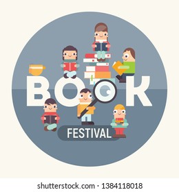 Poster for Bookstore and Book Festival Advertising. Funny Characters Cartoon Men and Girls Reading Books near Big Letters Book. Vector Illustration for Literature Event. Square Format. Retro Design.