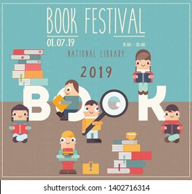 Poster for Bookstore and Book Festival Advertising. Small Funny Characters Cartoon Men and Girls Reading Books. Vector Illustration for Literature Event. Retro Design.