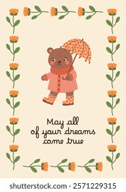 Poster with botanical elements and spring forest character - bear in coat and umbrella. Banner with flowers. Summer vector floral greeting card. 