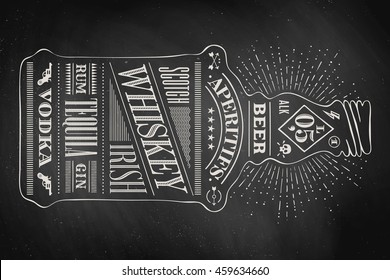 Poster bottle of alcohol with hand drawn lettering. Drawing for pub, bar menu, alcohol card, t-shirt print. Isolated bottle of alcohol with lettering on chalkboard. Vector Illustration