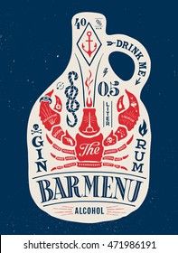 Poster bottle of alcohol with hand drawn lettering. Colorful vintage drawing for pub, bar menu, beer card, t-shirt print and alcohol themes. Bottle of bar menu with lettering. Vector Illustration