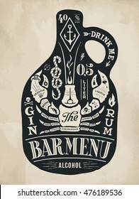 Poster bottle of alcohol with hand drawn lettering. Black vintage drawing for pub, bar menu, beer card, t-shirt print and alcohol themes. Bottle of bar menu with lettering. Vector Illustration