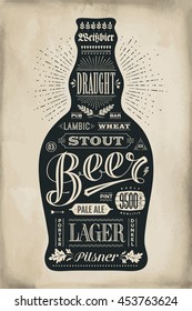 Poster bottle of beer with hand drawn lettering. Monochrome vintage drawing for bar menu, t-shirt print and beer themes. Isolated black bottle of beer wih lettering. Vector Illustration