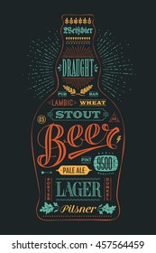 Poster bottle of beer with hand drawn lettering. Colorful vintage drawing for pub, bar menu, beer card, t-shirt print and beer themes. Isolated black bottle of beer with lettering. Vector Illustration