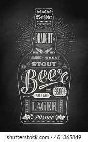 Poster bottle of beer with hand drawn lettering. Drawing for pub, bar menu, beer card, t-shirt print and beer themes. Isolated black bottle of beer wih lettering on chalkboard. Vector Illustration