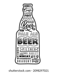 Poster bottle of beer with hand-drawn lettering. Vector Illustration.