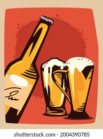 poster with bottle of beer and mugs with beer foamy