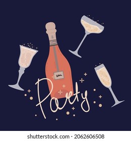Poster with a bottle of champagne and glasses. With the inscription Party. A beautiful postcard for a Champagne party. Vector illustration