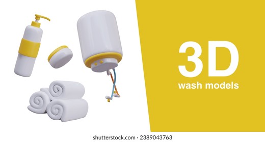Afiche con botella con dispensador, frasco con lavado, toallas de panecillos para recoger, caldera para calentar el agua. Concepto de modelos de lavado 3d. Ilustración vectorial en estilo 3d con fondo amarillo y blanco