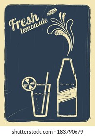 poster with a bottle and glass of lemonade vector background with retro effect