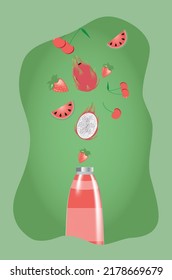 poster with a bottle of juice flavored with various fruits. pitaya, strawberry, cherry, watermelon fly out of a glass bottle.