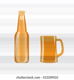 A poster with a bottle and a mug of beer on a random white - grey background