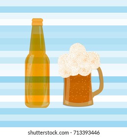 A poster with a  bottle and mug of beer on the background with the Bavarian colors