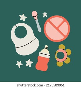 Poster with a bottle, teether, dish, spoon and a bib. Mealtime, newborn baby feeding.
Cute unisex design for boys and girls. Hand drawn vector illustration. Childhood, motherhood, baby store.