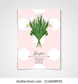 A poster with a bouquet of white tulips and a pattern of peas. Place for text