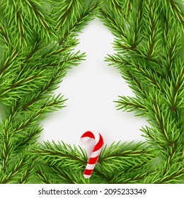 Poster with branch of Christmas tree, fir and candy cane with red and white stripes. Christmas vector illustration for postcard, business card, web, design, arts, party, sale, advertising.