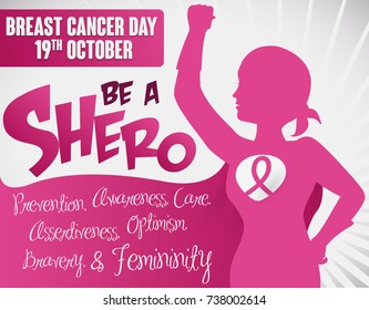 Poster with brave female superhero -or shero- silhouette with headscarf, cape and pink ribbon, promoting precepts about Breast Cancer Day in October 19.