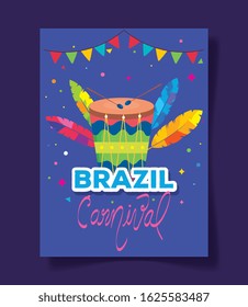 poster of brazil carnival with drum and decoration vector illustration design
