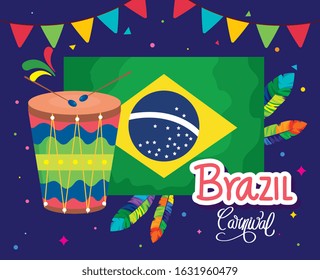 poster of brazil carnival with flag and icons traditional vector illustration design