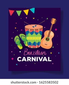 poster of brazilian carnival with drum and decoration vector illustration design