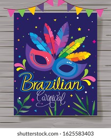 poster of brazilian carnival with mask and decoration vector illustration design