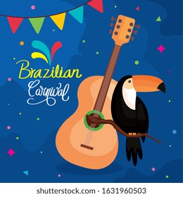 poster of brazilian carnival with toucan and guitar vector illustration design
